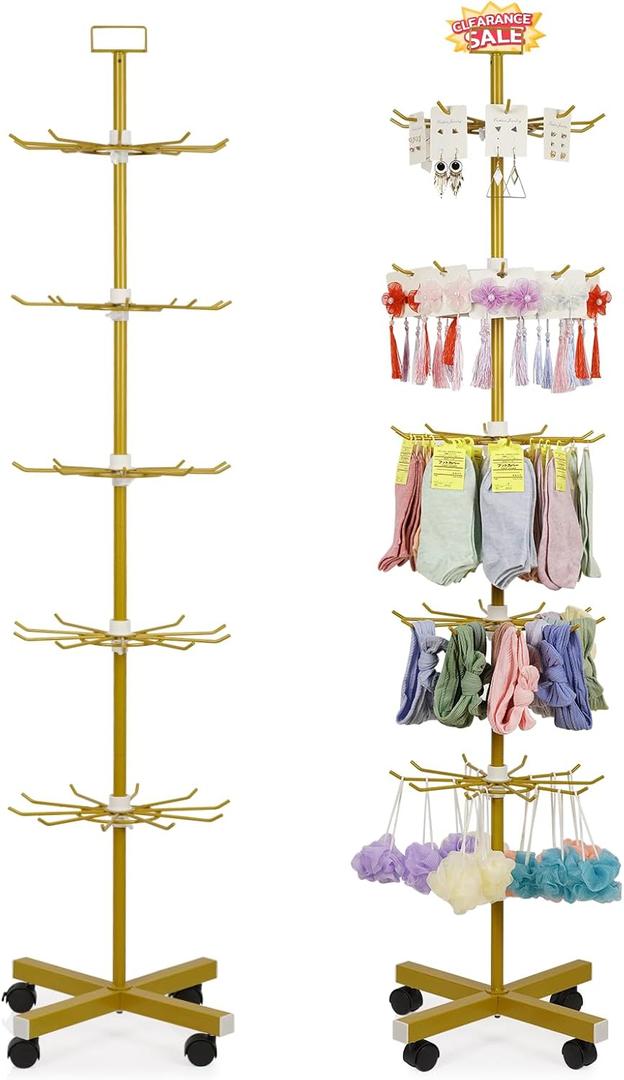 Retail Display Stand 5 Tier Metal Spinning Display Rack with Wheels Keychain Jewelry Stocking Hat Display Stand with Hooks for Malls, Showroom, Retail Store (Gold)