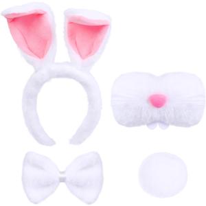 WOVOWOVO Bunny Ears Headband White Rabbit Costume, Bunny Ears and Tails Nose Bowties - Bunny Costume Set for Women Adult Halloween Party Favors (White)