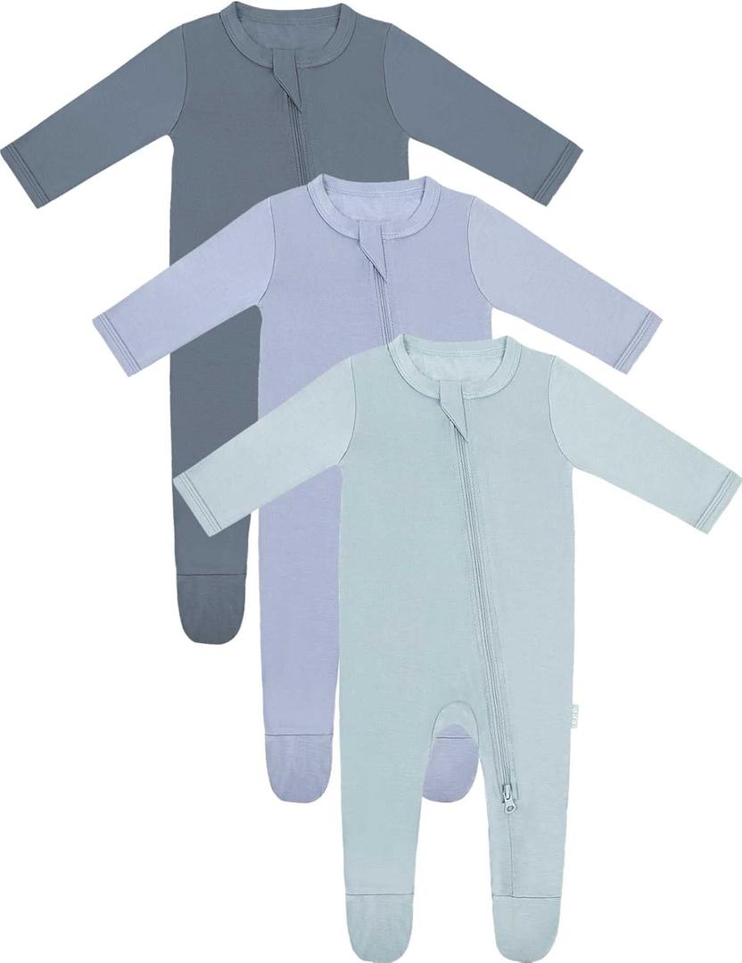 RRP Unisex Baby Footies Pajamas,Rayon Derived From Bamboo,Buttery Soft Sleep 'N Play PJs,2-Way Zipper Closure,0-18 Months (3-6 Months, Grey/Bluegrey/Sage)