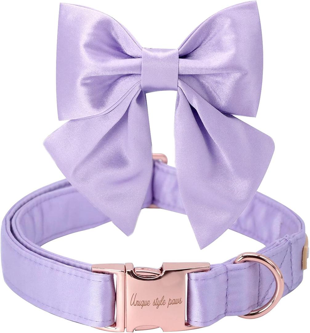 Unique style paws Purple Silk Dog Collar Adjustable Durable Dog Collar with Bow Fashion Bowtie Collar for Medium Dogs (Lavender)
