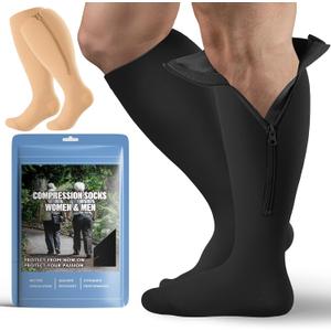 2 Pair Plus Size Closed Toe Compression Socks with Zipper, Compression Stockings for Overweight Women Men 15-20 mmHg (4X-Large, A Black Nude)