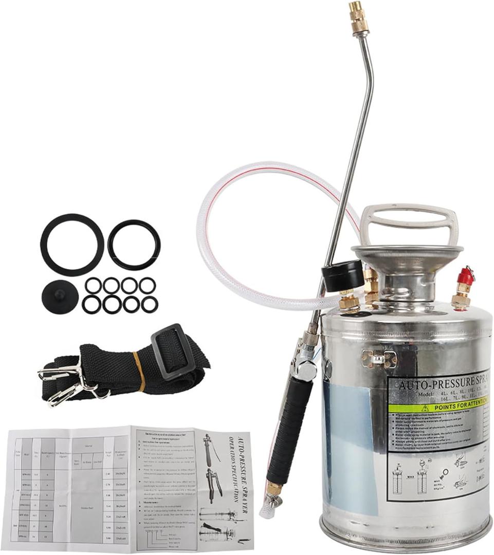 1 Gallon Stainless Steel Sprayer, 12 Wand & 3FT Reinforced Hose, Heavy Duty Hand Pump Sprayer with Pressure Gauge, Safety Valve and Adjustable Nozzle, for Lawn, Garden Watering (Silver-4L)