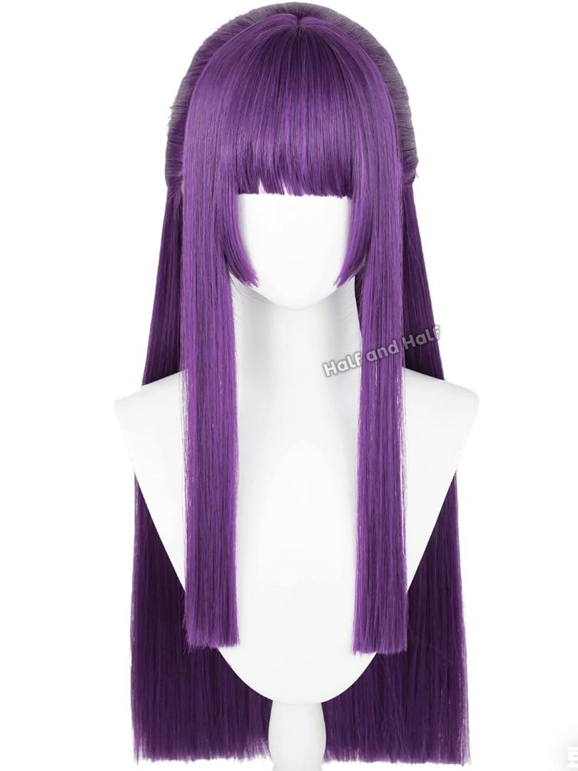 Half and Half Fer-n Cosplay Wig 29'' Long Straight Anime Purple Wigs with Bangs Dark Purple Wig for Women Halloween Costume Party
