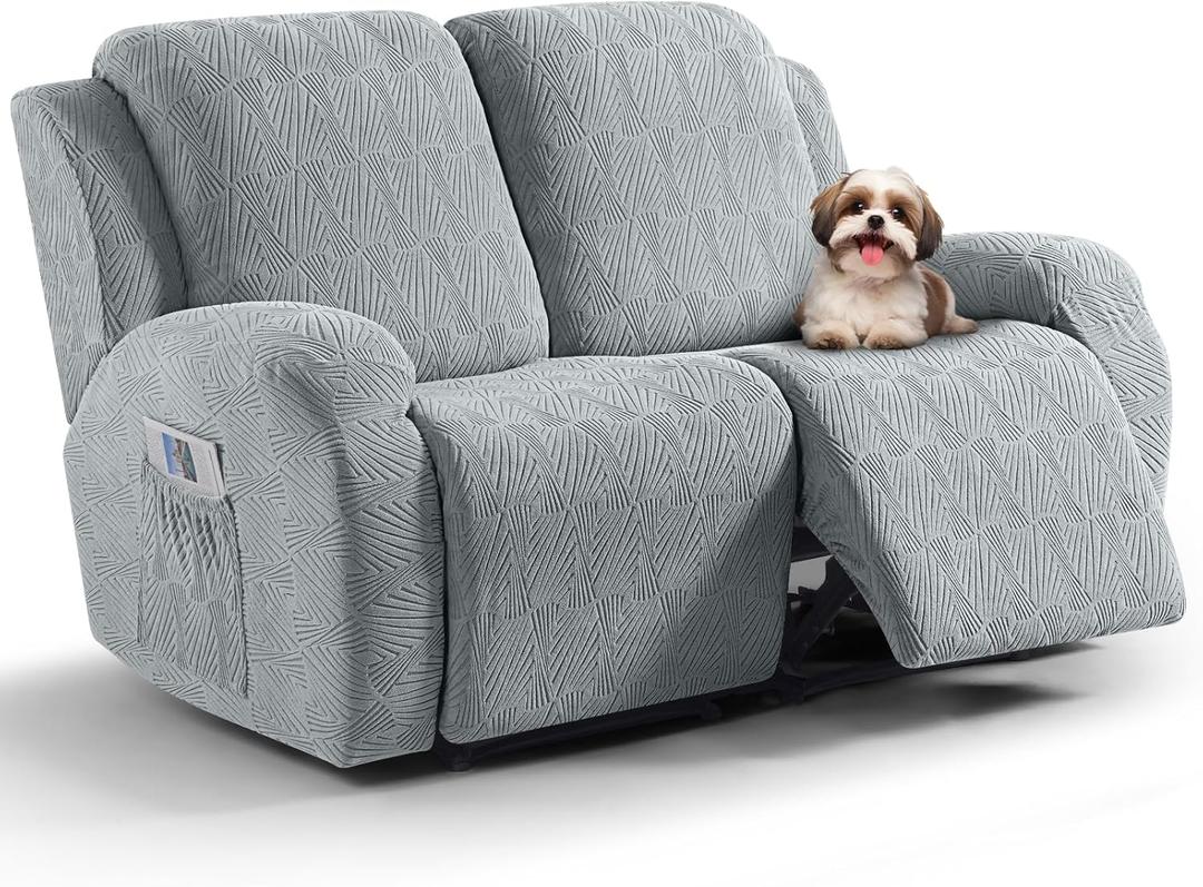 VANSOFY Recliner Loveseat Cover, 6-Pieces Stretch Dual Recliner Sofa Cover Soft Jacquard Reclining Couch Slipcover Furniture Protector with Elastic Bottom for Kid, Pets (2 Seat, Light Gray)