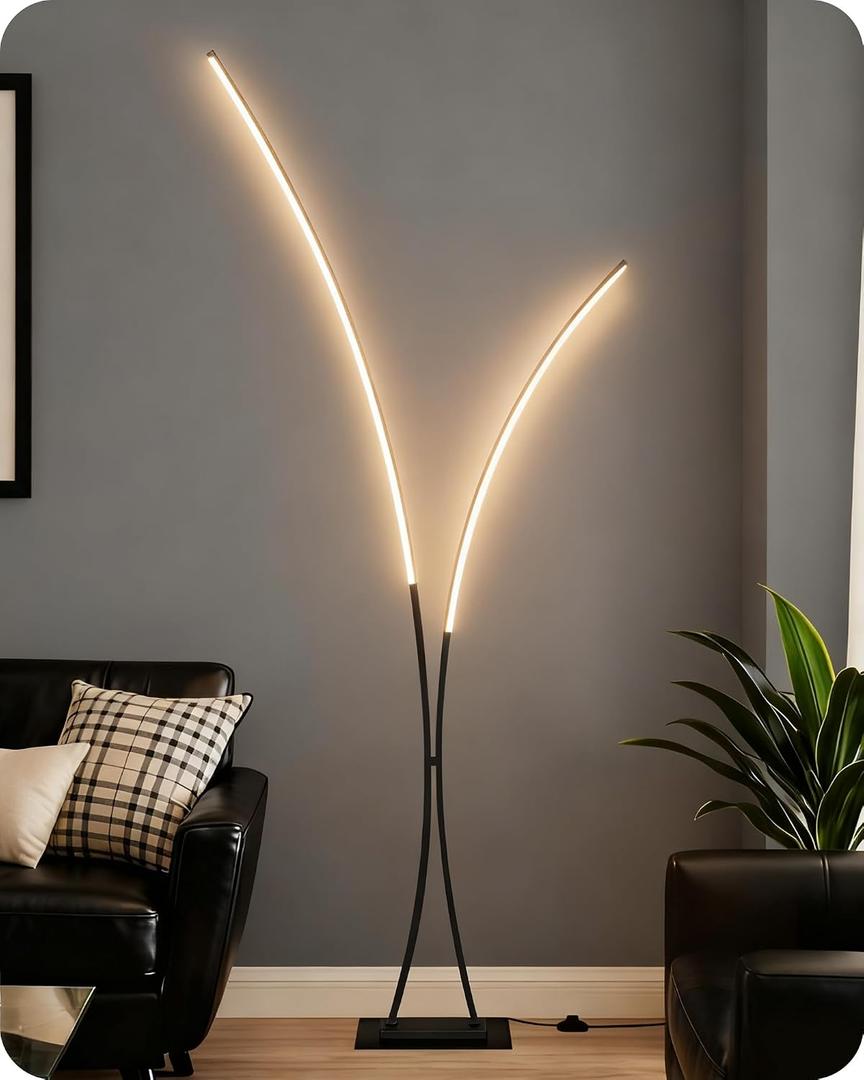 Modern 85.4" Arc Floor Lamp for Living Room, 2 Lights Arched Standing Tall Lamp with Remote, X-Shaped Bright Curved Lamp, Dimmable LED Corner Light for Bedroom, Office, Black, B61LD05W1