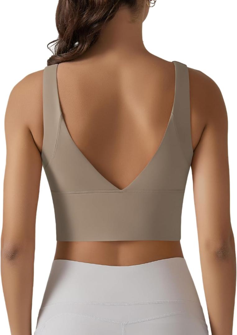 ABOCIW Sports Bra for Women V Back Longline Padded Yoga Bra Workout Crop Tank Tops Khaki Small (S)