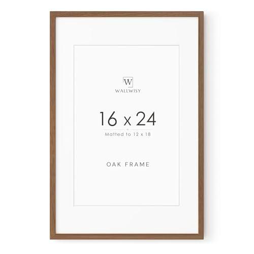 16x24 Frame, Solid Oak Wood 16x24 Poster Frame with Mat to 12x18, 24x16 Picture Frames for Wall, Natural Oak 16 x 24 Frame, (Walnut Set of 1)