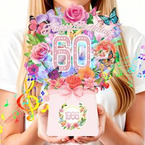60th Birthday Cards, Light and Music 60 Years Old Happy Birthday Card, Rose Lily Orchid and Butterflies, 10 Inch Forever Flower Bouquet 3D Pop Up 1966 Birthday Gift Card for Women Wife Mom Grandma