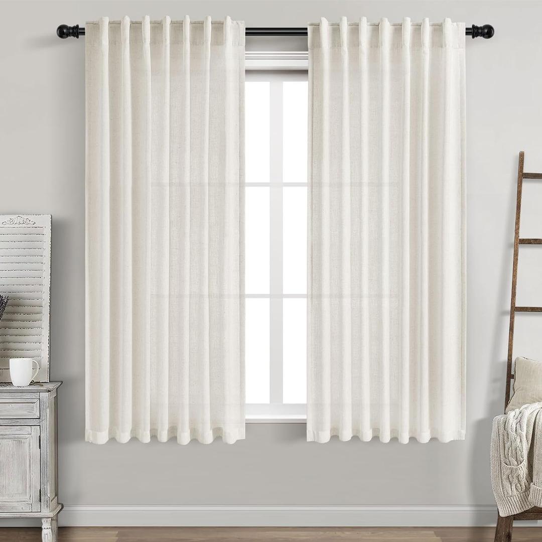 Cream Linen Back Tab Curtains 63 Inch Length for Living Room 2 Panel Set Neutral Modern Farmhouse Window Curtain Privacy Semi Sheer Linen Drapes Rustic Pinch Pleated Look Curtain Natural Ivory