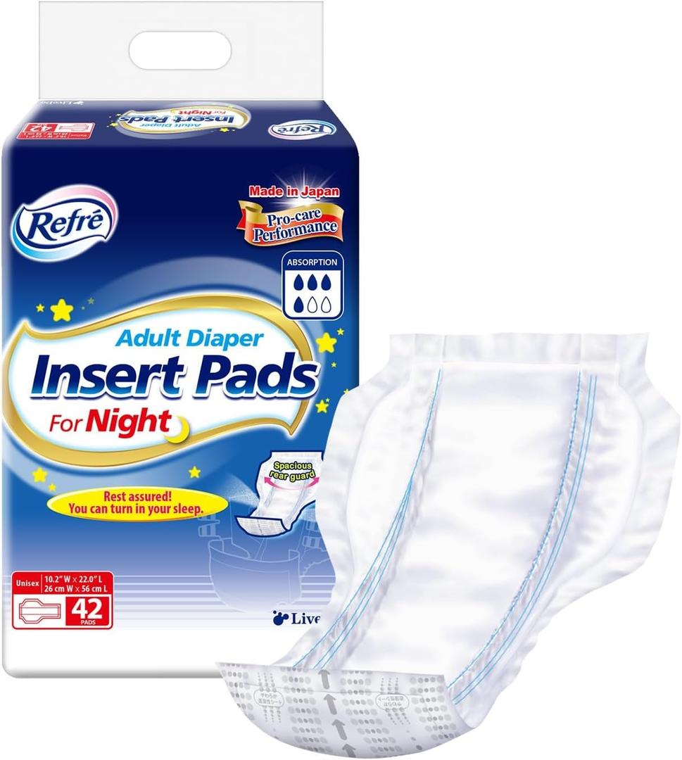 Refr Adult Diaper Insert Pads for Night - Unisex Booster Liners for Tabbed Briefs with Odor Control & Leak Protection - 600cc Absorbent Incontinence Pads, 11"x19.3" (42 Count)