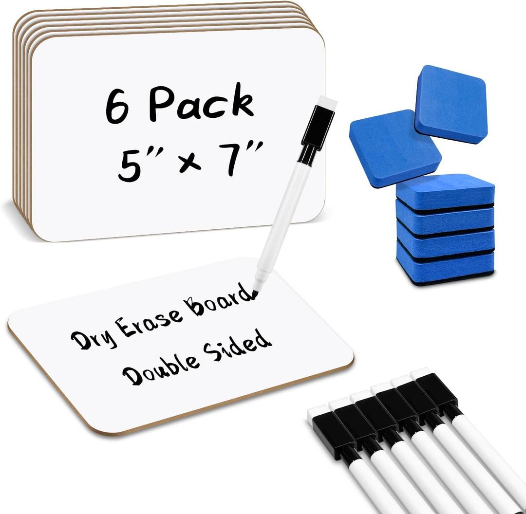6-Pack Dry Erase Boards 5" x 7" Double-Sided Mini Whiteboard Set  Includes Markers & Erasers  Perfect for Students, Teachers, and Classroom Use