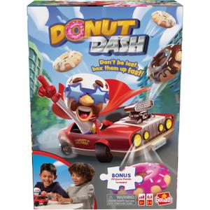 Goliath Donut Dash Game w/ 24pc Puzzle - Race to Pick Up Matching Donuts, Racecar Does Real Donuts On Table Or Hard Floor - Includes 24-Piece Puzzle