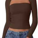 QINSEN Long Sleeve Square Neck Tops for Women Double Lined Side Ruching Going Out Shirts Basic Tee, Medium