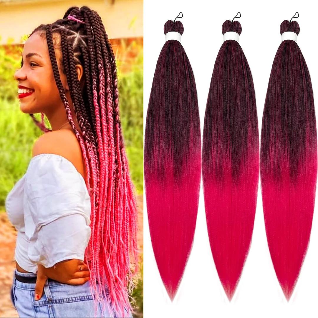 Black Pink Braiding Hair Pre Stretched Ombre Color Pink Hair Extensions for Braids Kids Micro Hypoallergenic Prestretched Braiding Hair Synthetic Hair for Braiding (26 In 3 Packs)