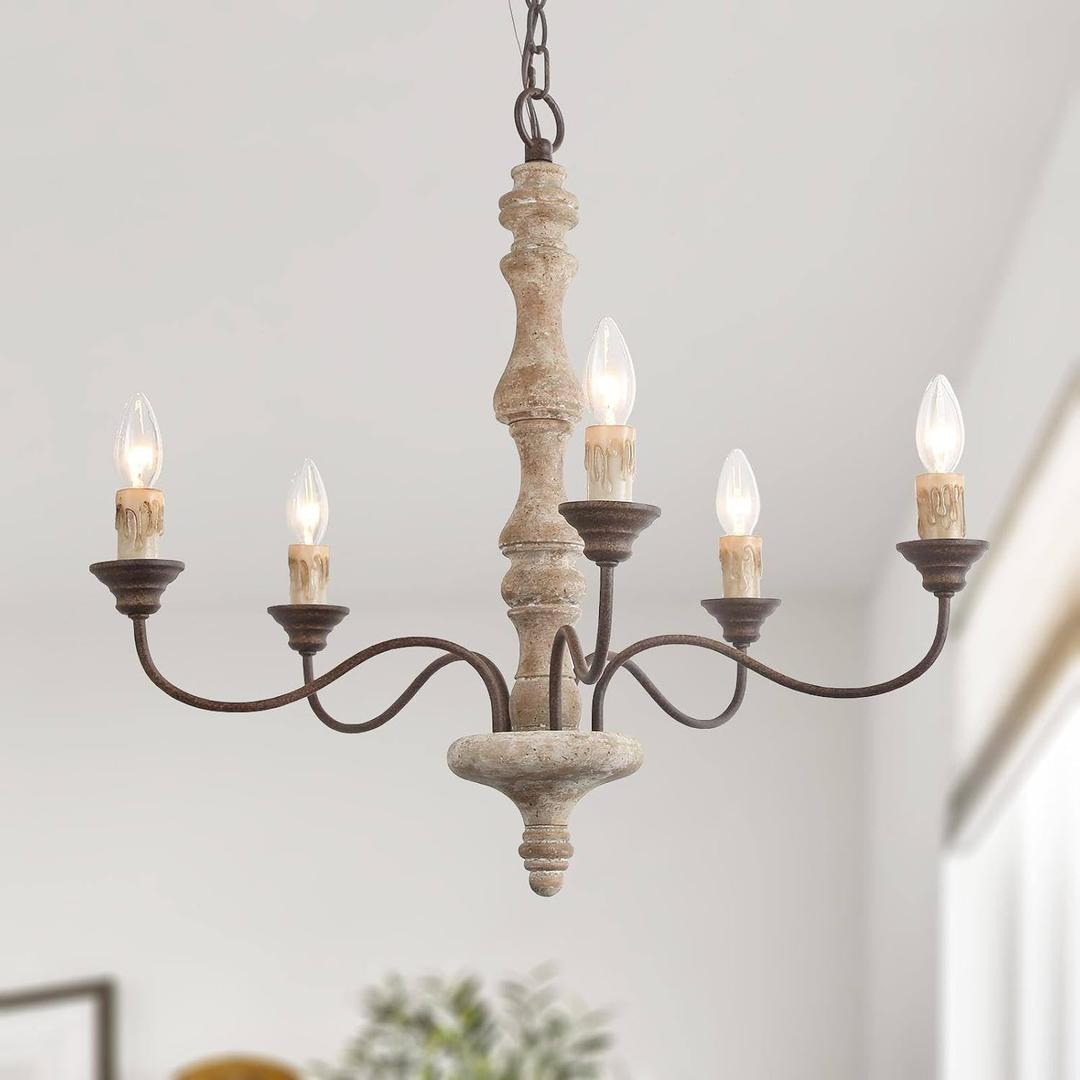 LALUZ 5-Light Farmhouse French Country Chandelier, 23'' Rustic Distressed Wood Chandeliers Light Fixture for Dining Room, Living Room, Bedroom, Foyer