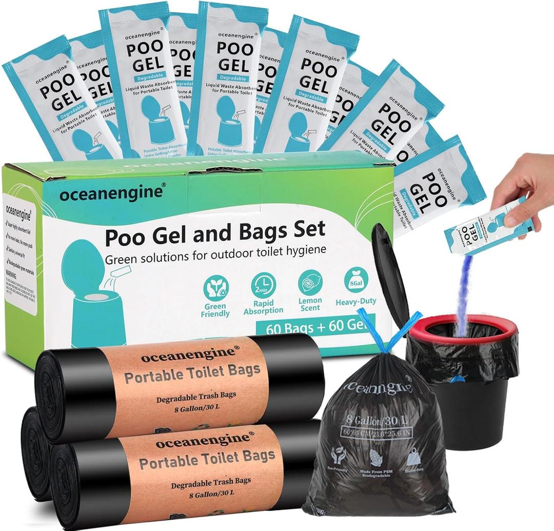 Portable Toilet Bags Poo Gel Set, 8 Gallon Camping Toilet Bags with Portable Toilet Absorbent Gel, Compostable Portable Potty Bags for Camping Outdoor Hiking (120 Count: 60 Bags & 60 Gel Packs)