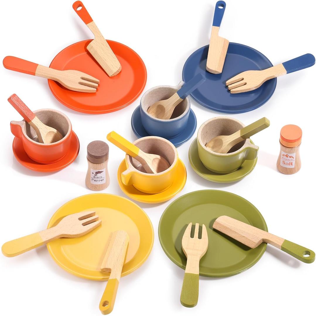 GAGAKU Wooden Play Food Sets for Kids Kitchen, Montessori Wooden Play Food Toys with Plates and Dishes for Toddler Boys & Girls Gifts (Color 1)