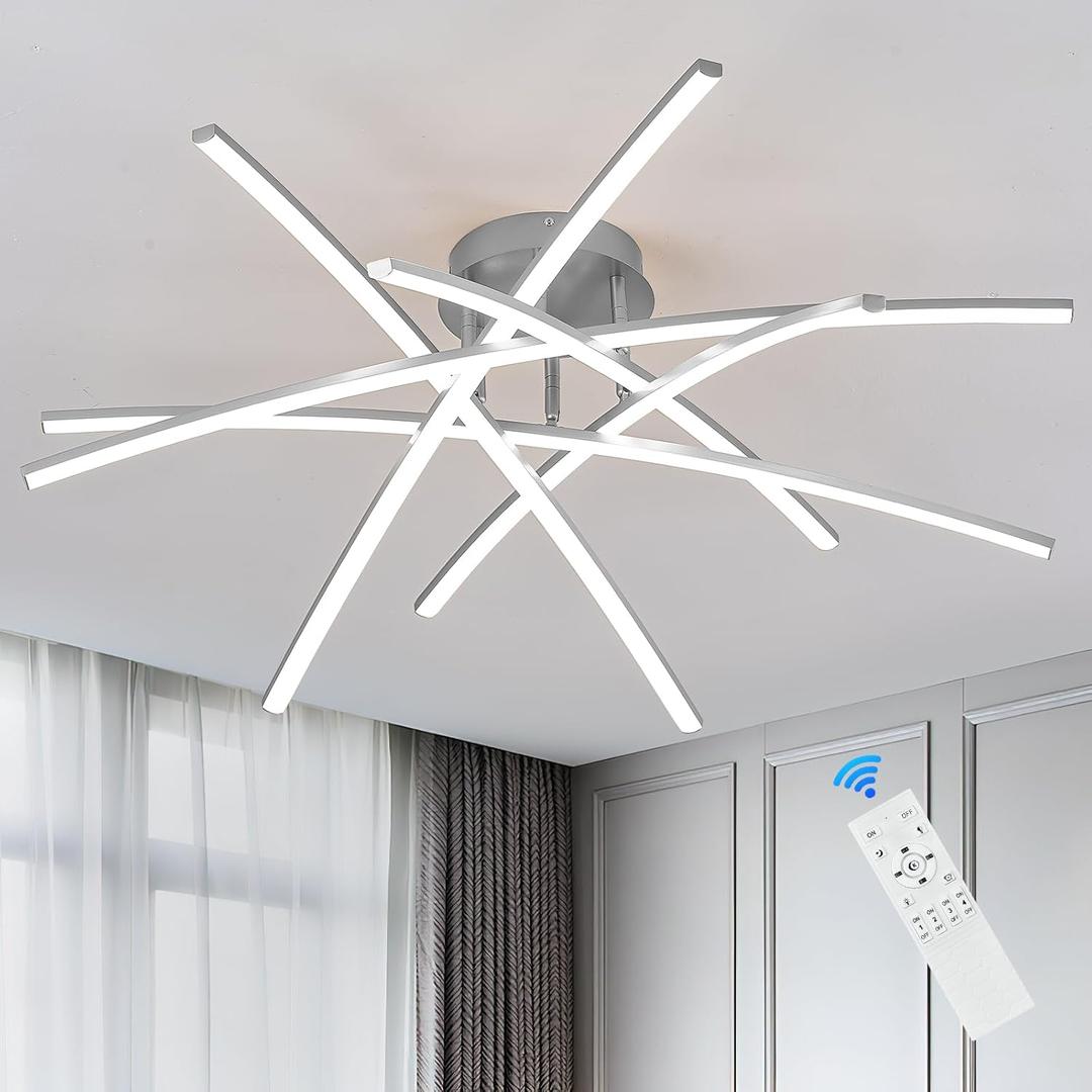 Semi Flush Mount Ceiling Light, 32.8 Dimmable LED Chandelier Modern Ceiling Lighting Fixture Dimmable Remote Control 6-Lights Lamp for Living Room Dining Room Bedroom 65W 3000K-6000K (6 Lights - Arch Bars - Remote Control - 32.8", Nickel)