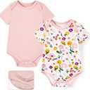 PATPAT Baby Bodysuits Supersoft Bamboo Viscose - Short Sleeve Boys and Girls - Newborn Infant Unisex Clothes Pack (0-3 Months, Pink Flowers)