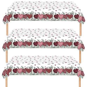 Qpout 3Pcs Valentine's Day Tablecloth Disposable Plastic 108x54 Inch, Romantic Heart Tablecloths with Love Design for Valentine's Day Party Decorations, Valentine Table Cloth for Home Decor
