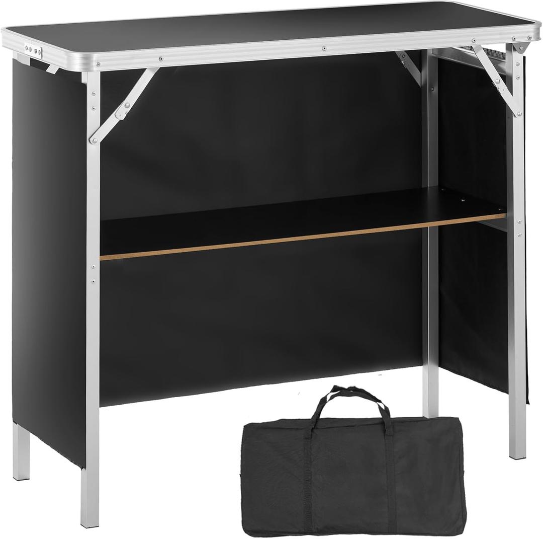 VEVOR Folding Portable Bar Table, Tradeshow Podium Table for Indoor, Outdoor, Party, Picnic, Exhibition, Includes Carrying Case, Storage Shelf and Black Skirt, 38.39" x 15.16" x 34.25"