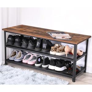 Shoe Bench 3-Tier Shoe Rack 39.4" for Entryway, Storage Organizer Entry Bench with Mesh Shelves Wood Seat for Hallway, Living Room, Steel Frame, Rustic Brown and Black