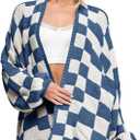 Saodimallsu Womens Checkered Oversized Cardigan Sweaters Color Block Chunky Open Front Lantern Sleeve Plaid Knit Coats (Small, Navy)