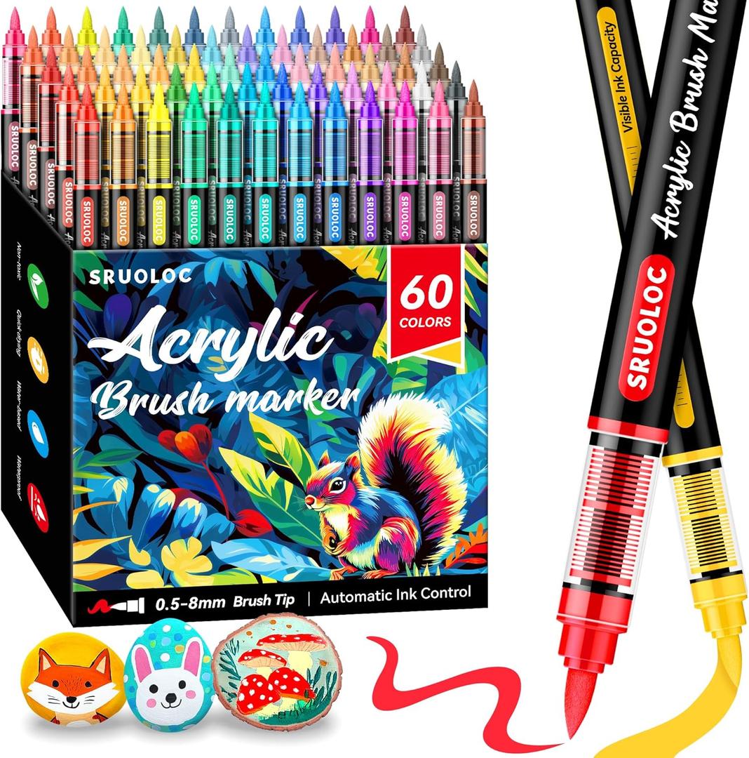 60 Colors Acrylic Paint Markers, Brush Tip Automatic Ink Control Acrylic Paint Pens for Rock Painting, Canvas, Wood, Ceramic, Glass, Stone, Fabric, DIY Crafts Textile & Art Supplies