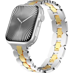 Stainless Steel Dressy Band for Apple Watch for Women Series11/10/9/8/7/6/5/4/3/2/1/SE/Ultra Compatible with 41mm 40mm 38mm 42mm 46mm 49mm 45mm 44mm Bands,Adjustable Designer Metal Strap for iWatch (Silver Gold)