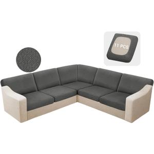 HDCAXKJ Waterproof Sectional Couch Cushion Covers 11 Pieces Stretch Jacquard L Shaped Corner Sofa Slipcover Back Cover Soft Sofa Seat Cushion Covers for Dogs Pet (5 Seater and 6 Backrest, Dark Gray)