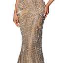 Women's Square Neck Sequin Beaded Mermaid Formal Evening Dress Spaghetti Strap Bodycon Prom Party Cocktail Maxi Gown (Beige, XS)