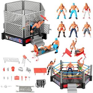 32Pcs Wrestling Toys for Kids, Wrestlers Playset with 12 Wrestling Action Figures, Wrestling Rings, Many Realistic Accessories, Toy Figures & Playset Gift for 2 3 4 5 6 Boys Girls, Cool Cake Toppers
