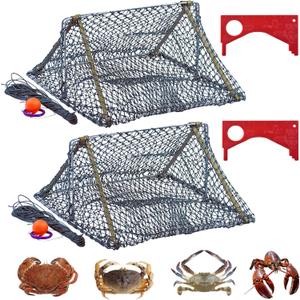 Crab Trap, Foldable Crab Trap cage, Fishing Traps Nets for Dungeness, Rock and Blue Crab (Triangle Traps + Crab Measuring Ruler +Signal Sphere)