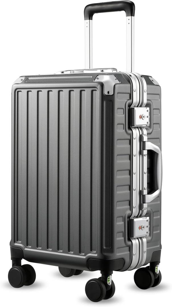 Carry On Luggage with Spinner Wheels, 8010S Aluminum Frame Zipperless Polycarbonate Hard Shell Suitcase (ZX-Core, Charcoal Metallic, 20 Inch)