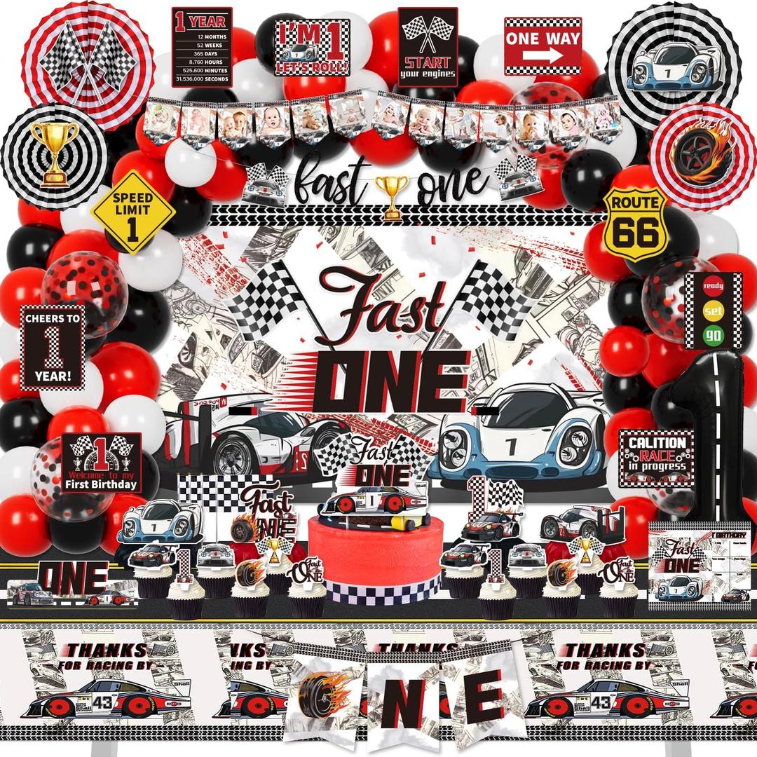 Fast One Birthday Decorations for Boys, 1st Race Car Theme Party Decor Supplies for Baby - Backdrop, Photo Banner, Tablecloth, Fast One Centerpieces, Flags, Fans Pompoms, Wall Signs Fast One Birthday Decorations for Boys, 1st Race Car Theme Party Decor Supplies for Baby - Backdrop, Photo Banner, Tablecloth, Fast One Centerpieces, Flags, Fans Pompoms, Wall Signs