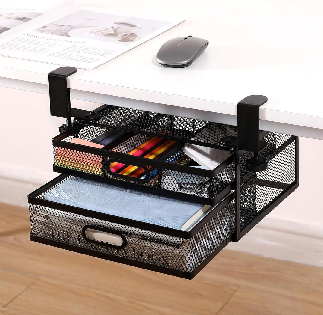 Sliding Under Desk Drawer Organizer No Drilling 2 Drawers Slide Out Desktop Or Under Table Storage Metal Clamp On Desk Drawer Attachment Anti-Slip Under Desk Organizer for Home & Office