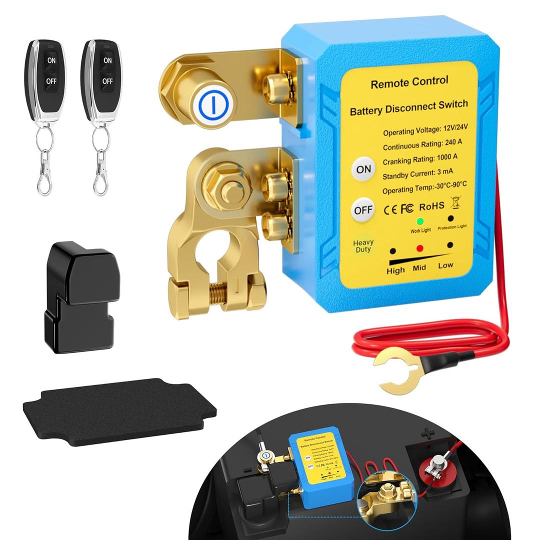 Joinfworld Remote Battery Disconnect Switch 12V 240A Kill Switch for Car Anti Theft Automatic Shut Off Switch with Wireless Remote Control Fobs for Auto Truck Boat - High Installation