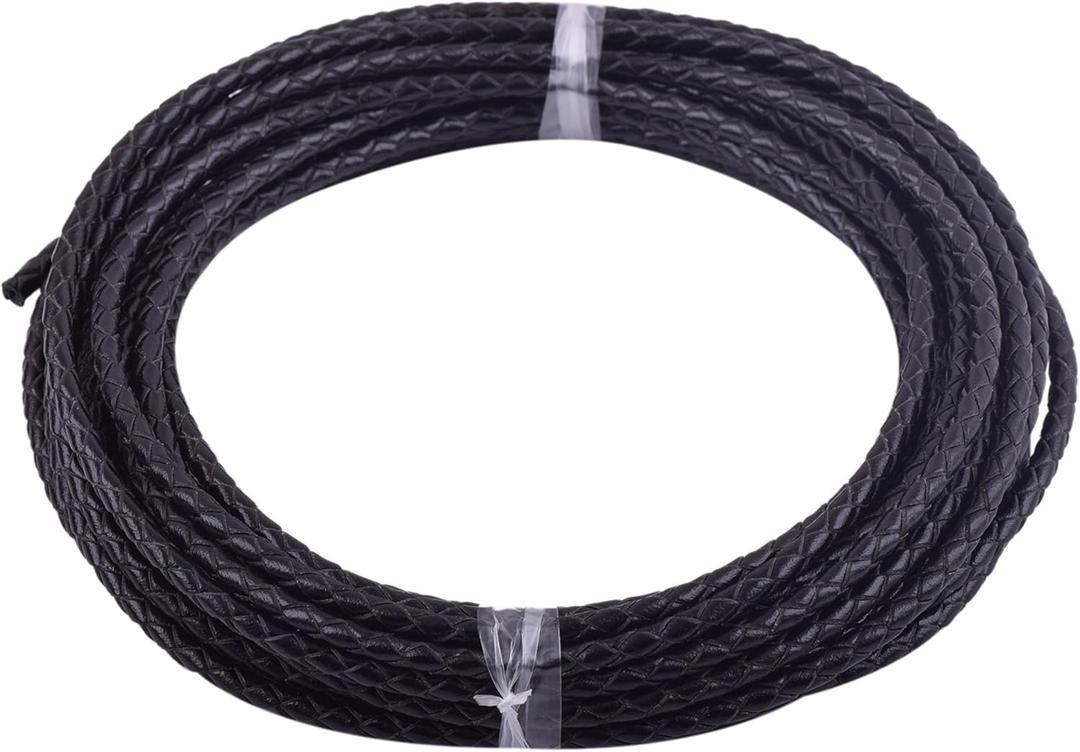 KONMAY 5 Yards 3.0mm Round Black Geneuine Braided Leather Cord Bolo Leather Cord
