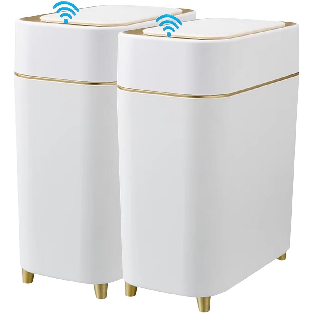 Yatmung 2-Pack - Automatic Compact Trash Can with Touchless Lid Smart Garbage Can - Waste Basket for Bathroom, Bedroom, Laundry Room, Small Spaces - Motion Sensor Trash Bin - White with Gold Edge