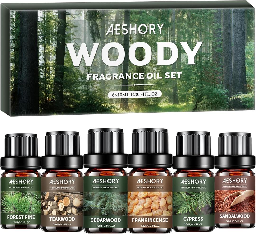Woody Essential Oils Set - 6x10ML Woody Scents Fragrance Oil for Candle Making, Diffuser - Teakwood, Sandalwood, Cedarwood, Cyperss, Forest Pine, Frankincense Aromatherapy Oils (0.34 Fl Oz (Pack of 6))