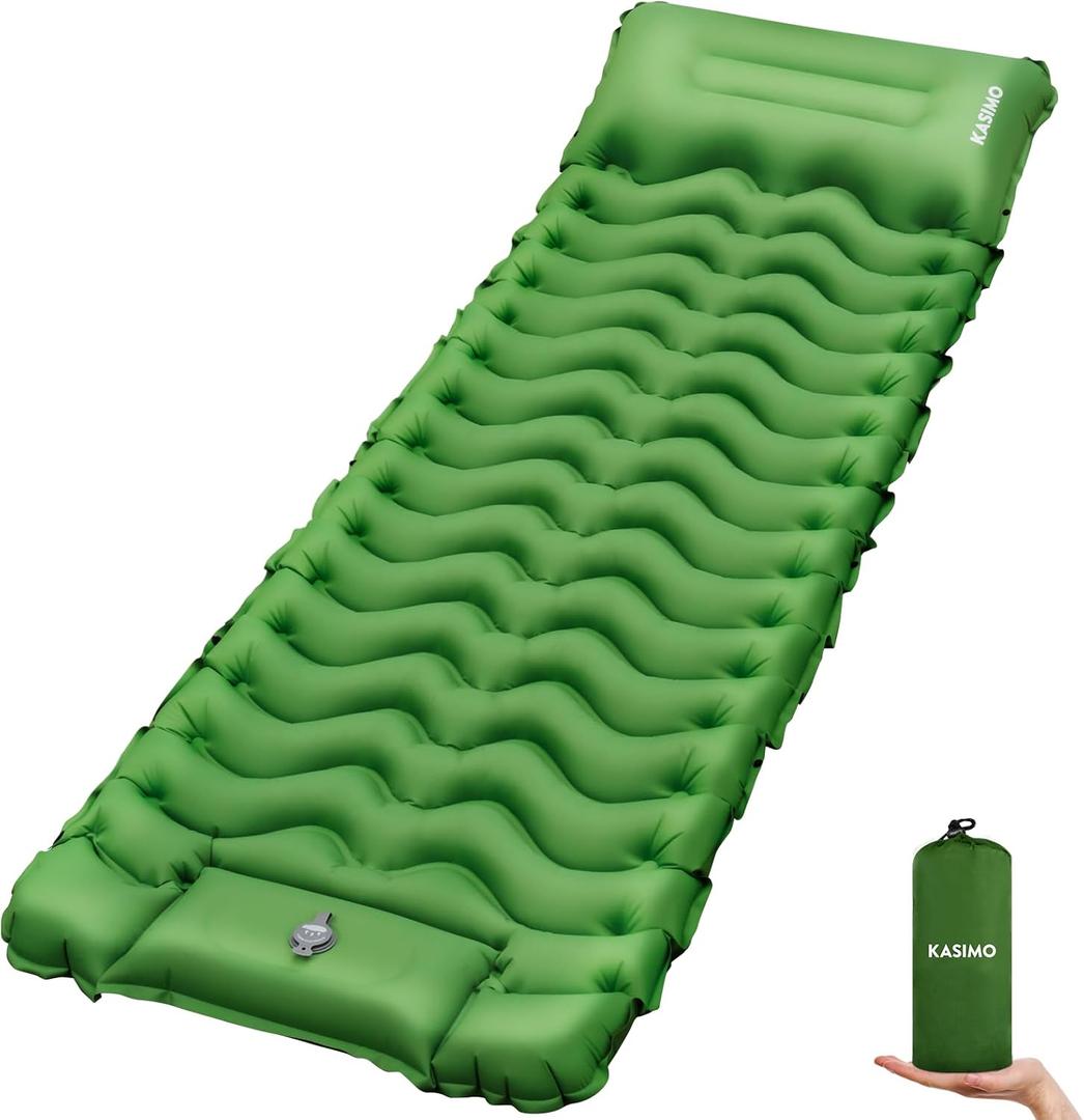 KASIMO Camping Sleeping Pad, Ultralight Camping Mat with Pillow Built-in Foot Pump Inflatable Sleeping Pads Compact for Camping Backpacking Hiking Traveling Tents (Single Green)