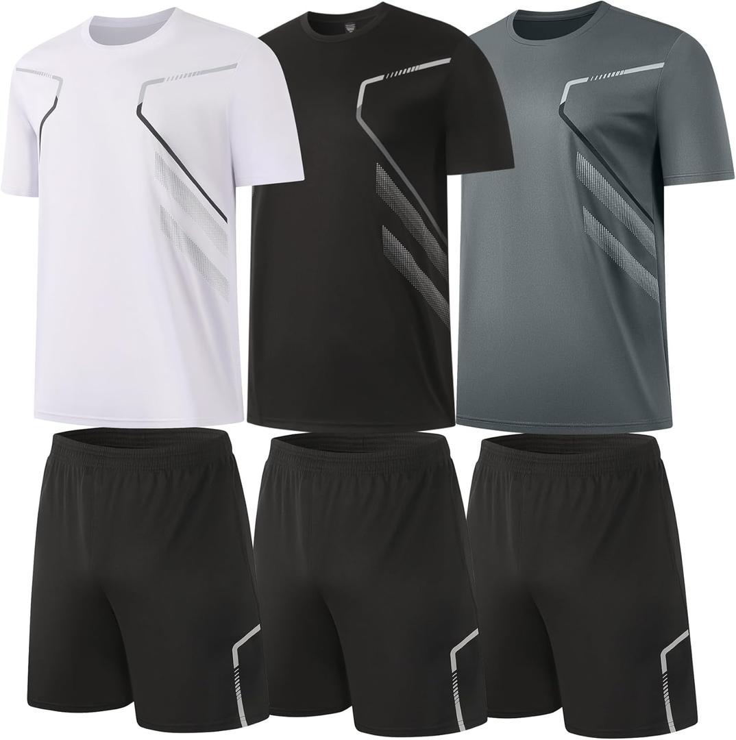 BUYJYA 3 Pack Men's Gym Shorts Shirt Set Workout Athletic Basketball Running Football Elastic Waist with Pocket Gifts (Large, Grey-white-black)