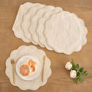 Upgraded 6PCS 15-Inch Extra Large Placemats-Large Size for Wide Coverage, Quilted Placemats Set of 6,100% Cotton with Microfiber Filling, Thick &Washable, Perfect for Dining & Holiday Gatherings,Flax