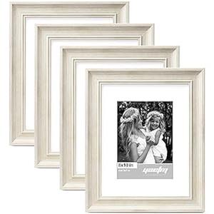 Yaetm 8x10 Picture Frame Matted to 5x7 Set of 4, 1.4” Wide Molding & Rustic White Photo Frames 8 x 10 with Tempered Glass, Display on Tabletop & Wall Mounting (4 Pack, White)