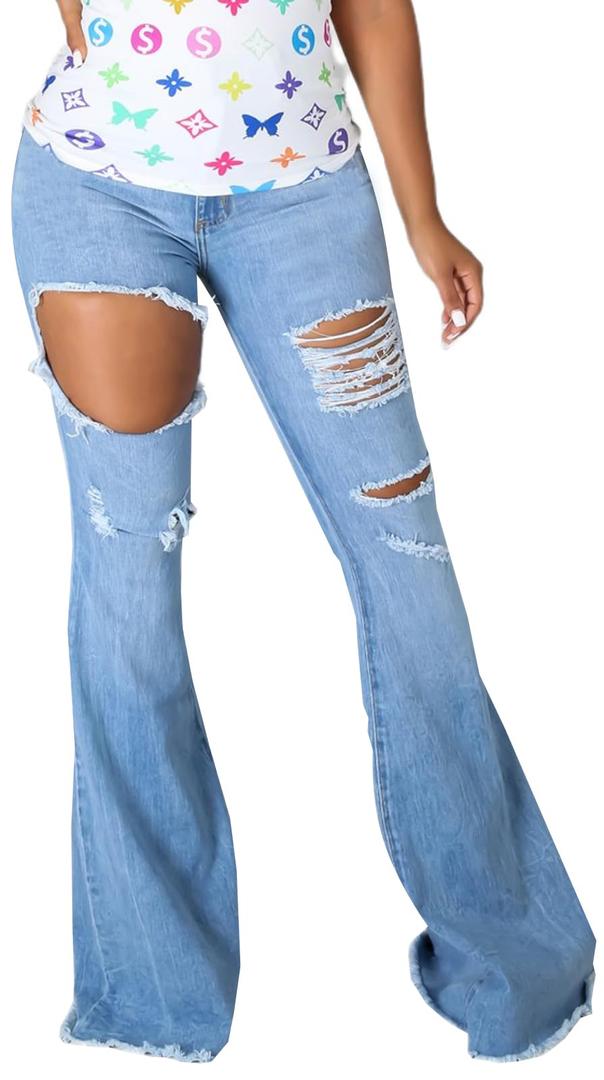 Blue Bell Bottom Jeans for Women Ripped Hole High Waisted Classic Flared Wide Leg Denim Pants,2487 Blue_X-Large (Blue, XL)
