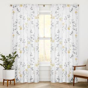 Beauoop Floral Linen Semi Sheer Curtains 84 Inches Long 2 Panels for Living Room Bedroom Yellow Grey Farmhouse Flower Patterned Light Filtering Textured Rod Pocket Window Treatments Drapes, 50x84