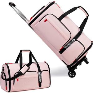 Rolling Garment Bags with Wheels, 56L Convertible Garment Bag Carry On Waterproof Oxford Garment Duffel Bag with Detachable Trolley System ,Suit Travel Bag with Shoe Compartment for Men Women, Pink