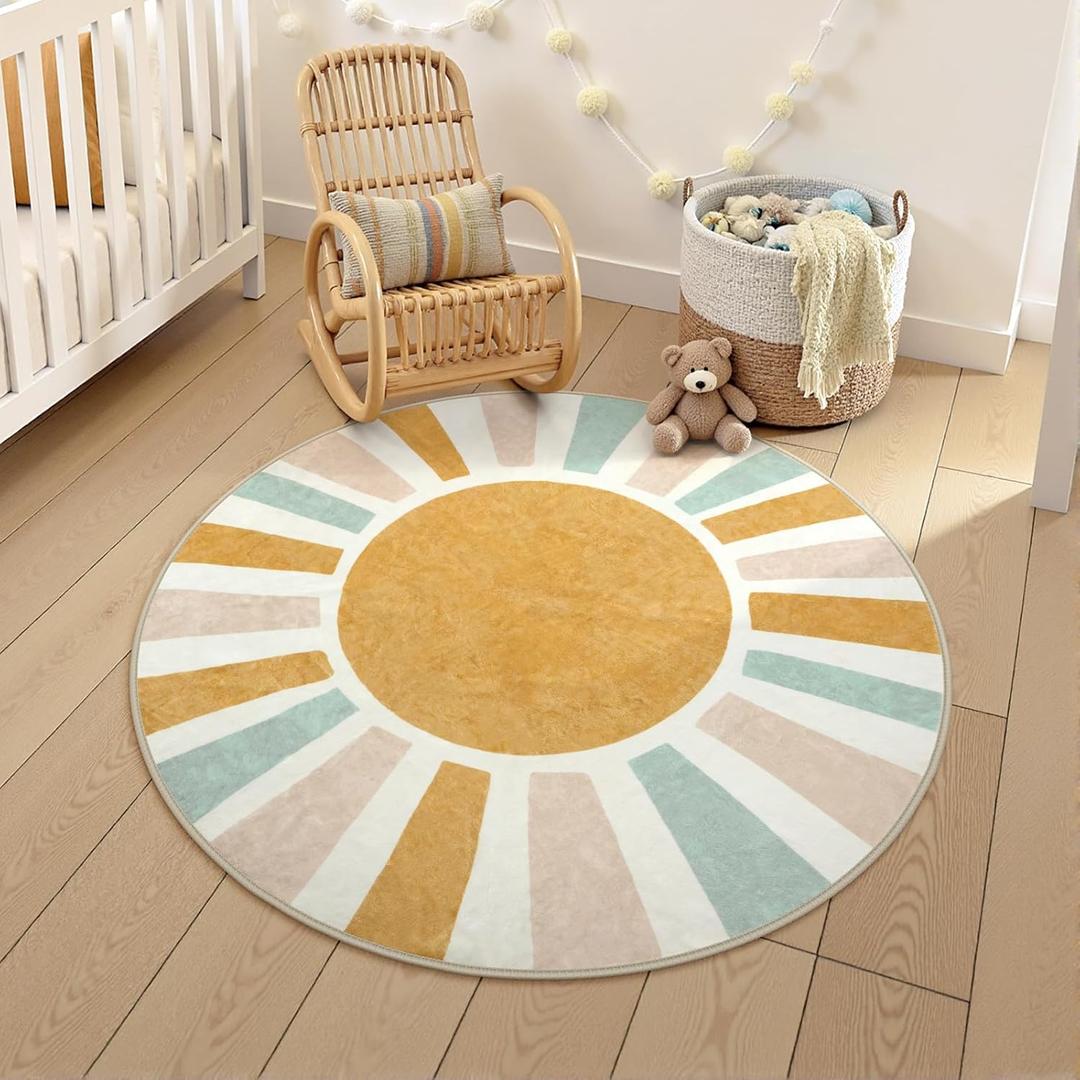 LIVEBOX Retro Sun Round Rug 4ft Boho Rug for Nursery Room,Non-Slip Circle Ultra Soft Cute Colorful Kids Rugs for Bedroom,Washable Throw Area Rugs Carpet for Living Room Indoor Office (Bright Morandi)