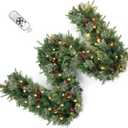 9FT Pre-Lit Artificial Christmas Garland with Dual Color LED Lights and Timer by Remote Control and Batteries Operated, Holiday Decorations, for Indoor Door Home Stairs Fireplaces Wall (Gren Pine 9FT)