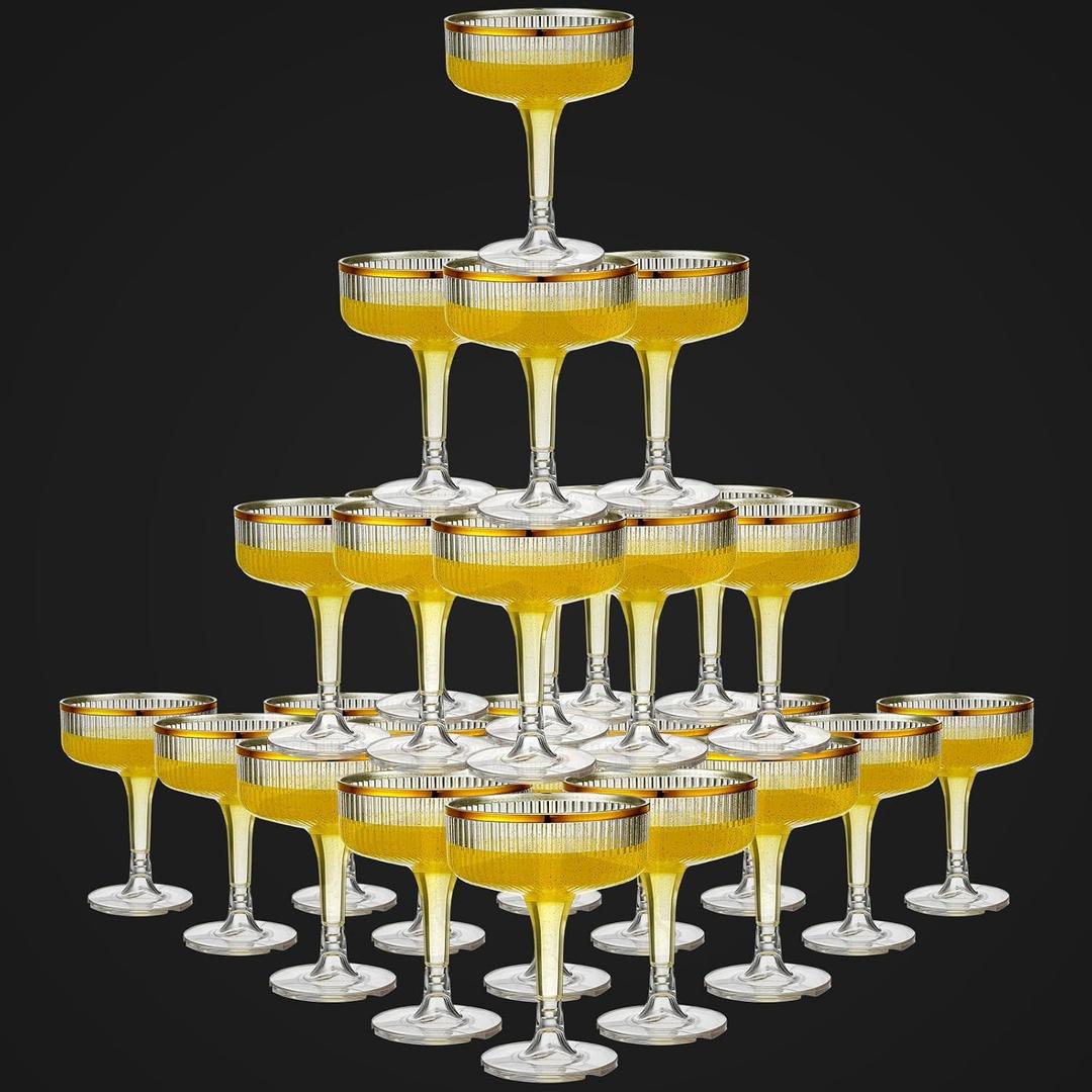 Set of 24 Champagne Tower 7 oz Plastic Champagne Coupe Glasses Set Stackable Plastic Ribbed Martini Glasses Unbreakable Acrylic Cocktail Coupe Cups for Wedding Birthday (Glitter,Gold)